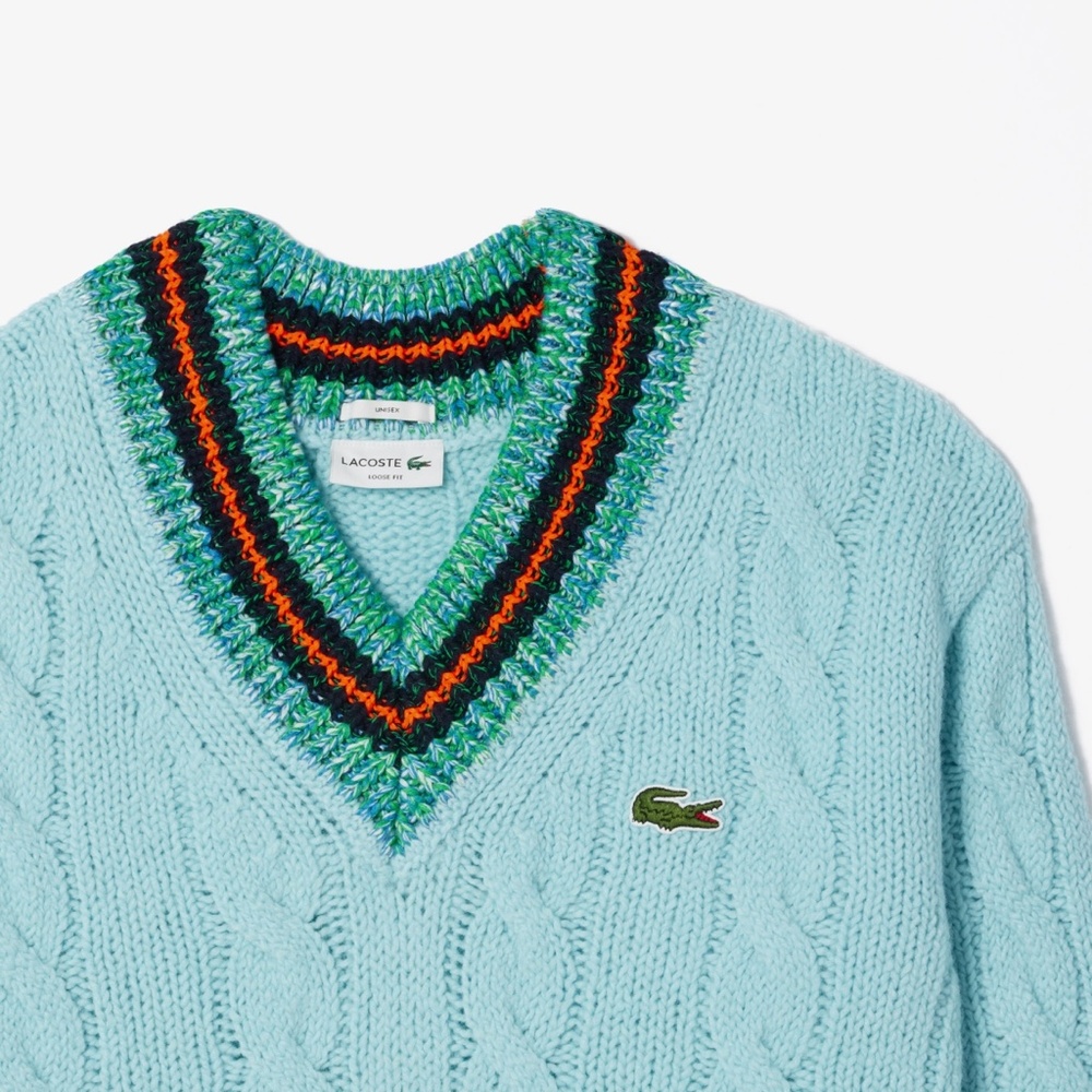 Men’s MED Lacoste Light Blue Cable Knit V-Neck oversized Sweater New w Tags